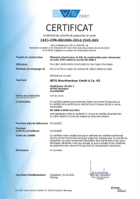 Certificat - Eléments structuraux et kits de construction pour structures en acier EXC2 selon EN 1090-2