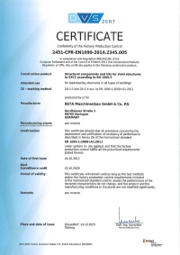 Certificate - Structural components and kits for steel structures to EXC2 according to EN 1090-2
